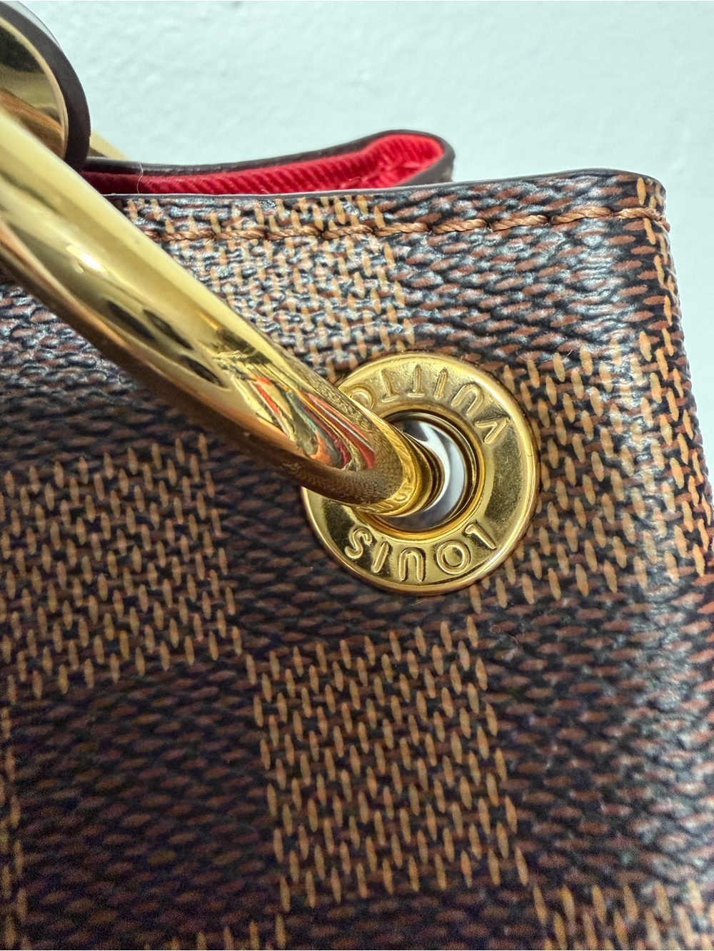 Large Louis Vuitton Brown Damier Ebene Canvas tote with Red Lining. - Picture 4 of 15